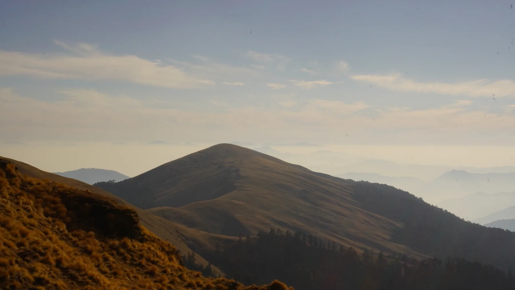 Rolling alpine grasslands and layered ridges at Ali Bugyal