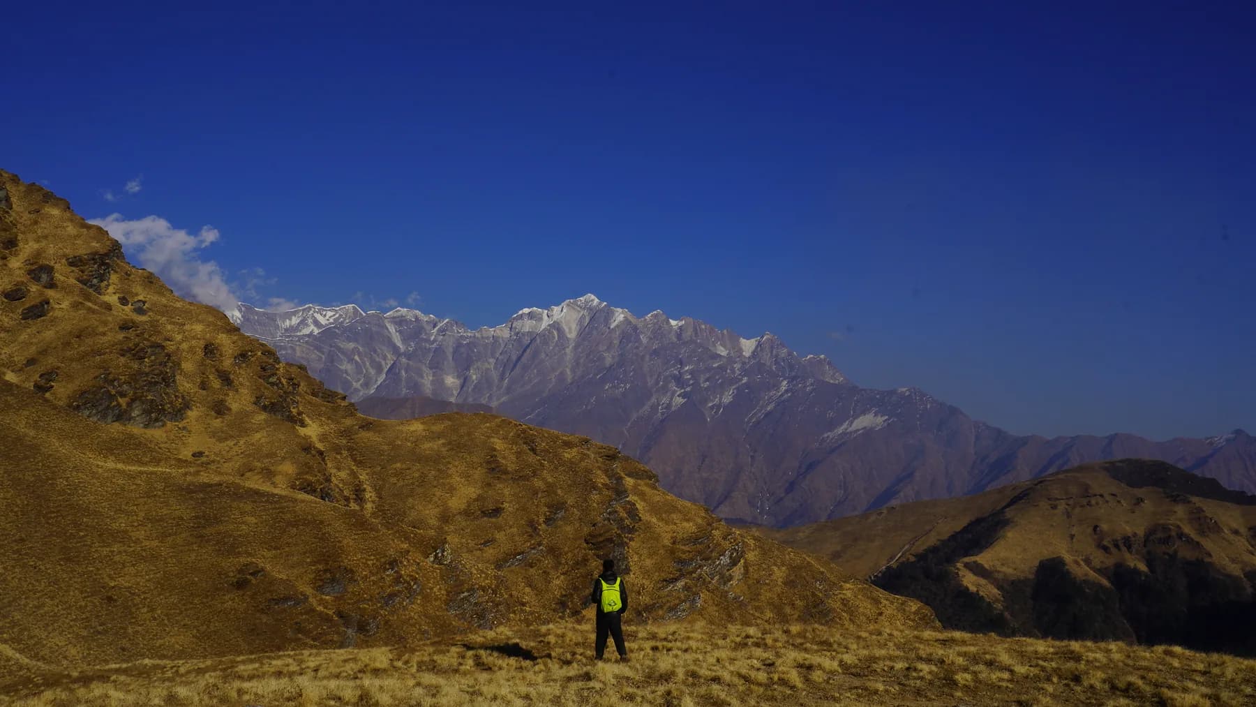 Lone trekker looking across Ali Bugyal toward the Garhwal Himalayan range