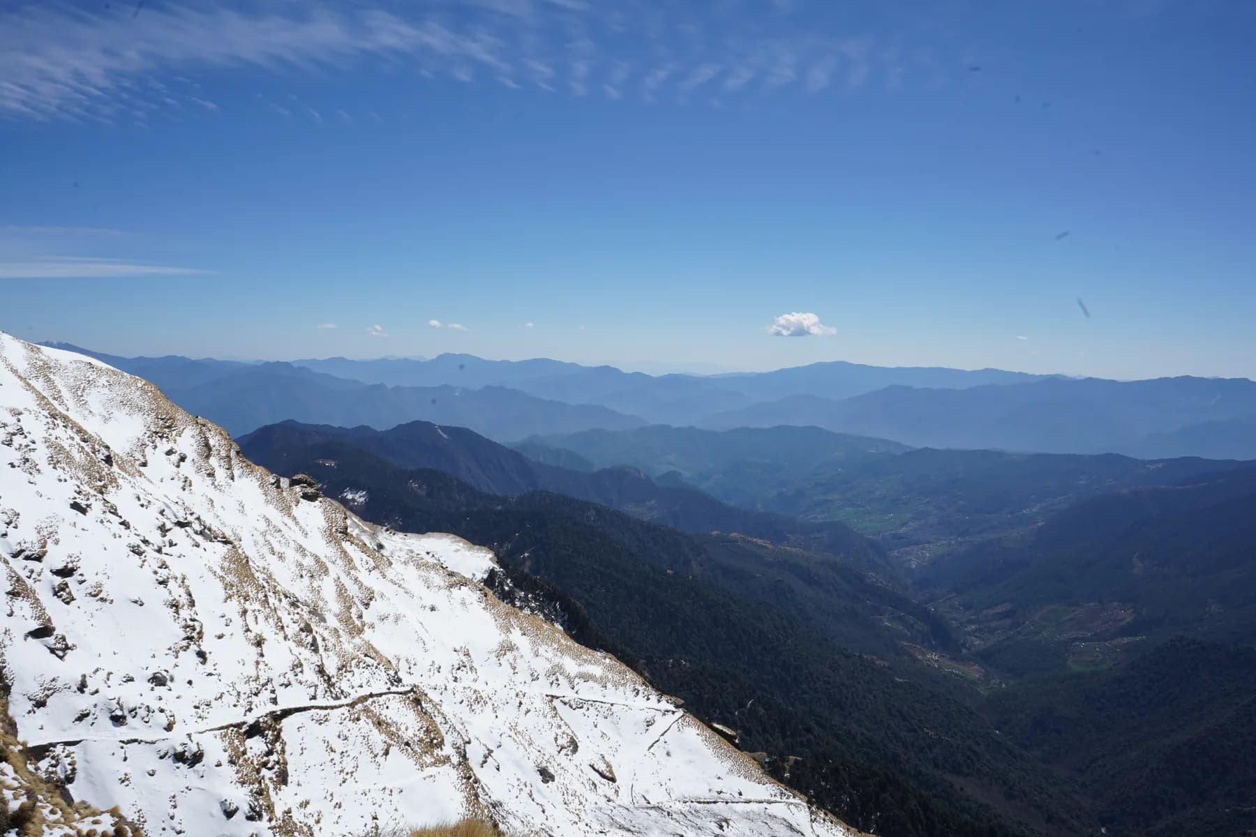 Snow-covered upper slope overlooking layered Garhwal valleys