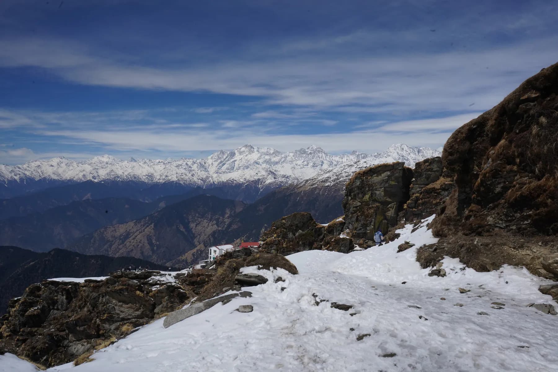Snow trail with a sweeping view of the Garhwal Himalayan range