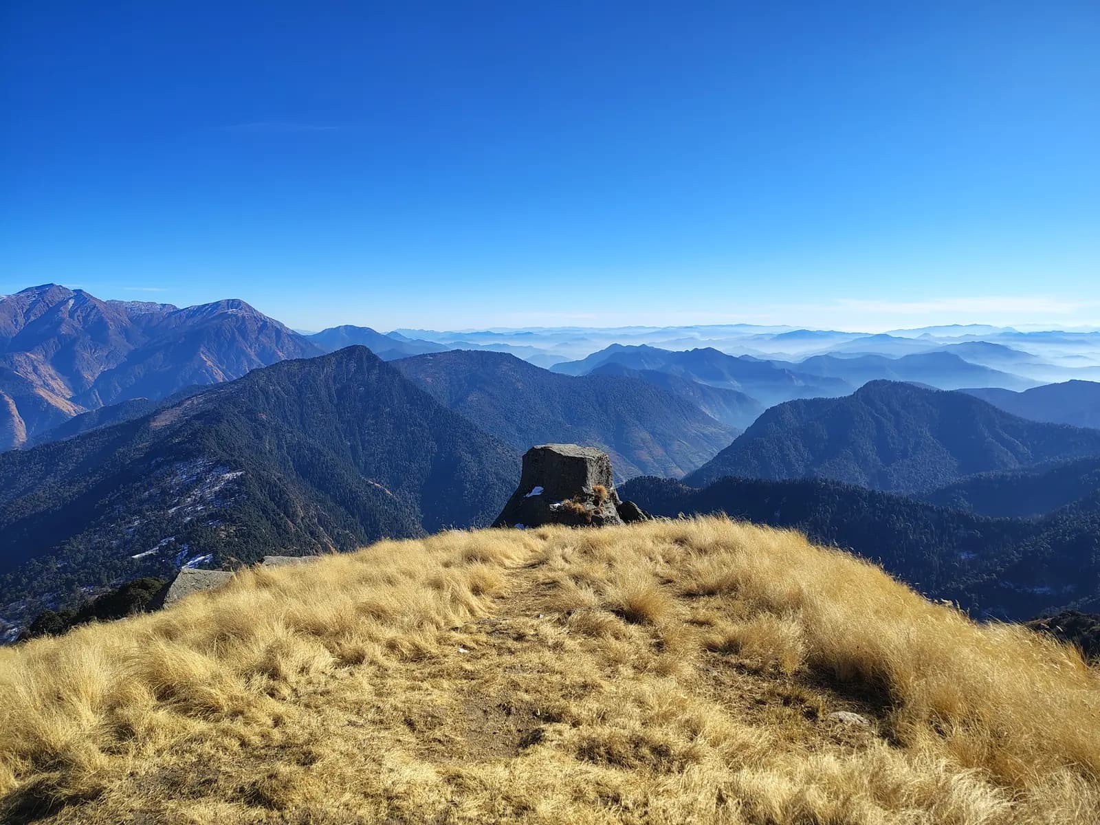 Open golden meadow and high ridges at Khaliya Top