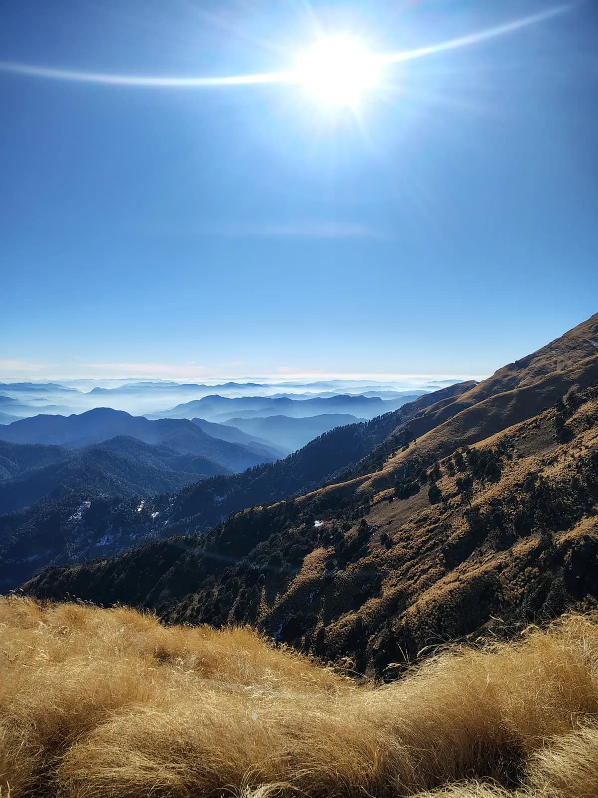 Layered Kumaon mountain valleys viewed from the Khaliya Top trail