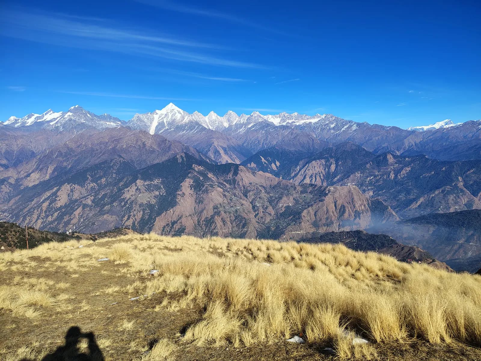 Panchachuli panorama beyond the golden meadow at Khaliya Top